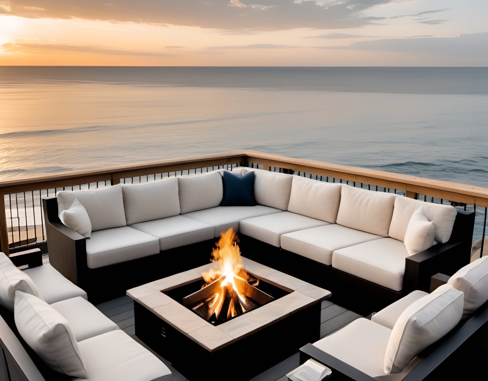 An oceanfront deck at sunset, open water running unbroken to the horizon